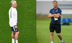 Photo combinée de l'entraîneur des Bleus Didier Deschamps (g) et du Danemark Age Hareide 