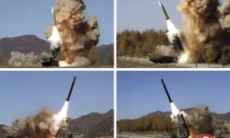 Des images diffusées par l'agence officielle nord-coréenne KCNA et prises entre le 2 et le 5 novembre montrent des essais de missiles dans des lieux non-précisés de Corée du Nord ( KCNA VIA KNS / STR )