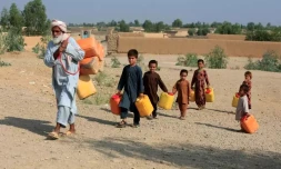 Des enfants transportent des bidons d'eau