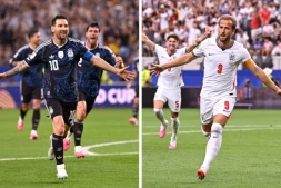 Photomontage des stars de l'Argentine Lionel Messi et de l'Angleterre Harry Kane, futurs adversaires mercredi 15 juillet en demi-finale du Mondial
