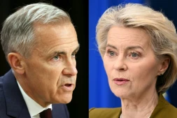 Combinaison d'images réalisée le 15 septembre 2026 du Premier ministre canadien Mark Carney, à gauche et de la présidente de la Commission européenne, Ursula von der Leyen