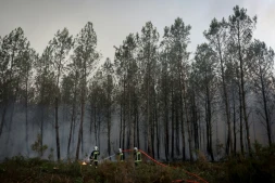 Des pompiers luttent contre un incendie de forêt à Saint-Jean-d'Illac, à environ 30 km de Bordeaux, alors qu'un feu de forêt ravage la forêt au nord du bassin d'Arcachon en Gironde