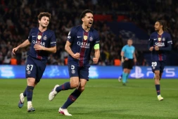 Le capitaine du PSG Marquinhos (c) buteur contre Monaco, le 25 février 2026 au Parc des Princes