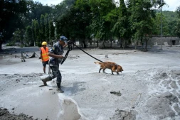 Un membre des forces de sécurité et son chien recherchent des survivants à la suite des inondations à Trishuli au Népal, le 27 août 2026
