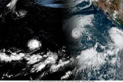 Vue satellite des trois ouragans Lowell, Karina et Marie au-dessus de l'océan Pacifique le 2 septembre 2026 (images de la NOAA, l'Agence américaine d'observation océanique et atmosphérique