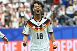 Nathaniel Brown fête son but contre le Curaçao lors du premier match de l'Allemagne dans le mondial 2026, le 14 juin à Houston.