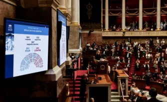 Un écran affiche le résultat du vote sur la loi relative à l'aide active à mourir, à l'Assemblée nationale, le 15 juillet 2026 à Paris ( AFP / STEPHANE DE SAKUTIN )