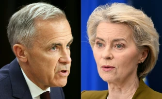 Combinaison d'images réalisée le 15 septembre 2026 du Premier ministre canadien Mark Carney, à gauche et de la présidente de la Commission européenne, Ursula von der Leyen 