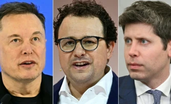 Montage photo montrant (de gauche Ă droite) Elon Musk Ă Davos, en Suisse, le 22 janvier 2026, Dario Amodei, patron d'Anthropic, Ă Paris le 22 mai 2024, et Sam Altman, patron d'OpenAI, Ă Washington, le 22 juillet 2025