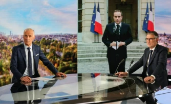 Olivier Faure (D) premier secrétaire du Parti Socialiste et le journaliste Gilles Bouleau, devant une image du Premier ministre démissionnaire Sébastien Lecornu, au 20h de TF1, à Boulogne-Billancourt, le 6 octobre 2025