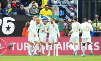 Les Bleus vainqueurs du Brésil grâce à des buts de Hugo Ekitike (N.22) et Kylian Mbappé (N.10) au Gillette Stadium à Foxborough, dans le Massachusetts, le 26 mars 2026 