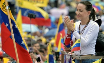 La cheffe de l'opposition vénézuélienne Maria Corina Machado lors d'un rassemblement de campagne du candidat à la présidence Edmundo Gonzalez Urrutia, à Barinas, au Venezuela, le 6 juillet 2024