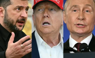 Ce combo montre de gauche à droite le président ukrainien Volodymyr Zelensky à Whasington le 18 août 2025, le président américain Donald Trump le 22 août 2025 à Washington et le président russe Vladimir Poutine à Anchorage, Alaska, le 15 août 2025