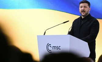 Le président ukrainien Volodymyr Zelensky s'exprime lors de la 62e Conférence de Munich sur la sécurité (MSC), le 14 février 2026 à Munich, dans le sud de l'Allemagne 