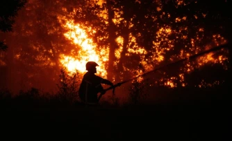 Un sapeur-pompier arrose la forĂȘt prĂšs d'une zone rĂ©sidentielle menacĂ©e par l'incendie proche de LĂšge-Cap-Ferret en Gironde, le 23 juillet 2026