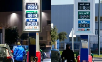 Combinaison d'images créée le 22 mars 2026 du prix à la pompe à Burgos, dans le nord de l'Espagne le 20 mars 2026, à gauche, et à droite le prix aprÚs les mesures gouvernementales espagnoles le 22 mars 2026