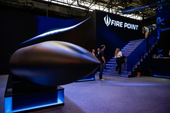 Le stand de l'ukrainien Fire Point au salon mondial de défense Eurosatory à Villepinte, au nord de Paris, le 15 juin 2026  