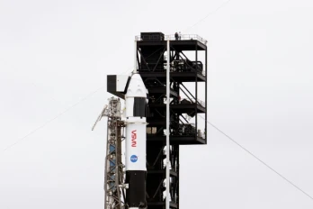 Une fusée Falcon 9 de SpaceX devant transporter la mission Crew-12 à laquelle participe l'astronaute française Sophie Adenot, le 12 février 2026 à Cap Canaveral en Floride