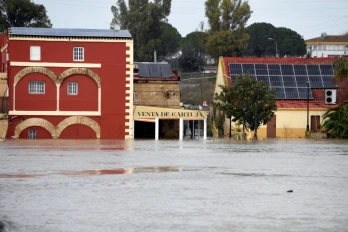 Une zone inondée dans le village de Las Pachecas à Jerez, lors de la dépression Leonardo, le 5 février 2026 dans le sud de l'Espagne