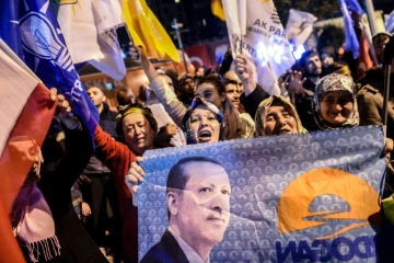 Les partisans du Parti de la justice et du développement (AKP) de Erdogan manifestent leur joie le 1er novembre 2015 à Istanbul 