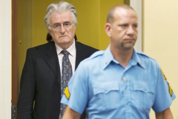 L'ancien chef politique des Serbes de Bosnie Radovan Karadzic,  au TPIY à La Haye, le 11 juillet 2013