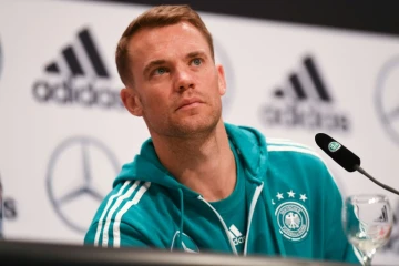 Le gardien de but allemand, Manuel Neuer  à une conférence de presse, à Vatukini, près de Moscou, le 19 juin 2018, lors du Mondial en Russie 