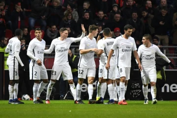 Le PSG après le but de Julian Draxler (2g) face à Rennes, le 14 janvier 2017 au Roazhon Park