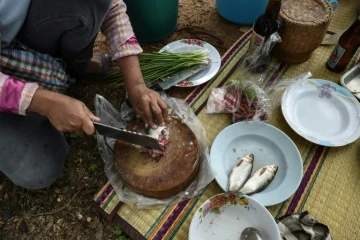 Un fermier thaï prépare un plat de poisson cru à Khon Kaen, dans le nord-est de la Thaïlande, le 20 mai 2017