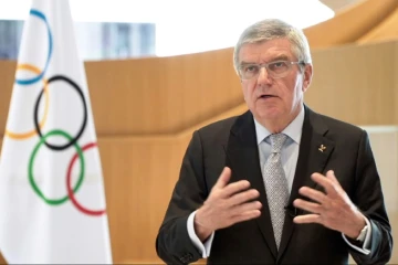 Le président du Comité international olympique donne une vidéoconférence depuis le siège de l'instance, le 25 mars 2020 à Lausanne