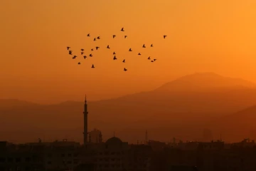 Coucher de soleil à Arbin, le 7 mars 2017 dans la région de la Ghouta orientale, à l'est de Damas