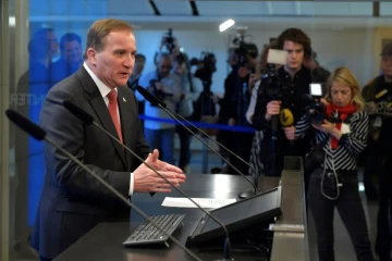 Le Premier ministre suédois Stefan Löfven lors d'une conférence de presse après sa reconduction, le 18 janvier 2019 à Stockholm