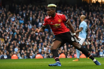 Le milieu de terrain de Manchester United Paul Pogba auteur d'un doublé face à Manchester City le 7 avril 2018 