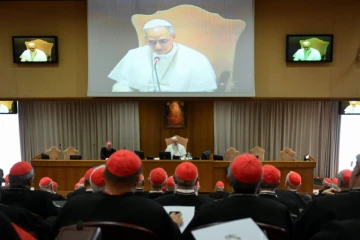 Photo diffusée par les médias du Vatican, le 10 mai 2025, du pape Léon XIV lors d'une rencontre avec des cardinaux au Vatican