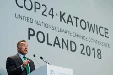 L'ancien acteur américain et gouverneur de Californie à la tribune de la COP24, à Katowice 