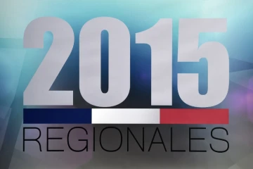 Le logo des élections régionales 2015 lors d'un débat le 2 décembre 2015 à Strasbourg pour la région Alsace-Champagne-Ardenne-Lorraine