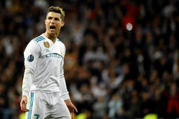 L'attaquant vedette du Real Madrid Cristiano Ronaldo exulte après avoir inscrit un but en quarts retour de C1 à Santiago Bernabeu, le 11 avril 2018   