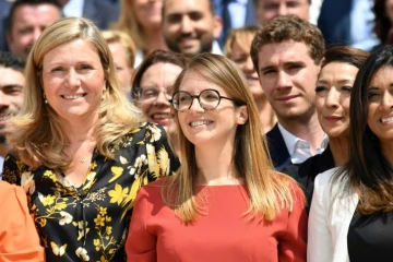 Aurore Berger (c), élue présidente du groupe Renaissance à l'Assemblée nationale, le 22 juin 2022 au Palais Bourbon, à Paris
