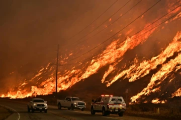 Un flanc de colline en feu à Castaic, au nord de Los Angeles, le 22 janvier 2025 