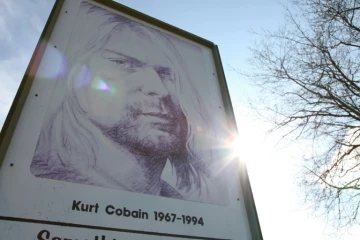 Un panneau à l'effigie du chanteur de Nirvana dans le Kurt Cobain Park d'Aberdeen (nord-ouest des Etats-Unis), le 1er avril 2014 
