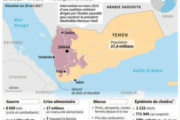 Carte du Yémen, territoires contrôlés par les Houthis et les forces gouvernementales, chiffres depuis le début du conflit sur les victimes, la crise alimentaires, le blocus et l'épidémie de choléra