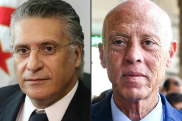 Nabil Karoui (à gauche) et Kais Saied, les deux candidats à la présidentielle en Tunisie, photographiés respectivement le 2 août et le 10 septembre à Tunis.
