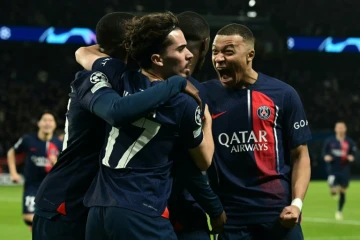 Les Parisiens célèbrent le but de Ousmane Dembélé inscrit contre le FC Barcelone, en quart de finale aller de C1, à Paris, le 10 avril 2024