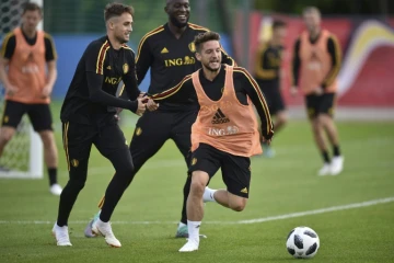 Les internationaux belges Adnan Januzaj, Romelu Lukaku et Dries Mertens (de g à d) à l'entraînement, le 14 juin 2018 à Moscou 