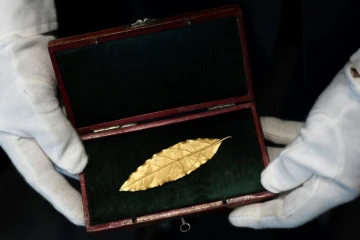 Photographie prise le 15 novembre 2017 à Paris d'une feuille de laurier en or destinée à la couronne portée par Napoléon lors de son sacre en 1804 et adjugée le 19 novembre à 625.000 euros (frais inclus), lors d'une vente aux enchères organisée à Fontainebleau 