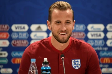 L'attaquant de l'équipe d'Angleterre, Harry Kane, lors d'une conférence de presse à Volgograd en Russie, le 17 juin 2018 pour le Mondial