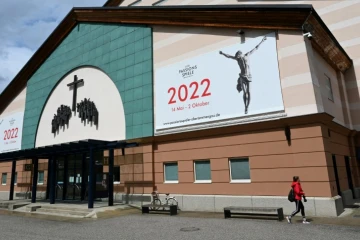 Le théâtre d'Oberammergau, dans le sud de l'Allemagne, où se joue la pièce sur la passion du Christ, le 4 mai 2022
