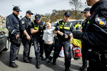 Greta Thunberg interpellée lors d'une manifestation à La Haye, le 6 avril 2024
