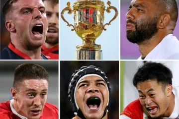 Photo montage (g à d) Ford (Angleterre), trophée Mondial, Leitch (Japon), Fuka (Japon), Kolbe (AfS), Adams (Galles) au Mondial, le 14 octobre 2019 à Tokyo        