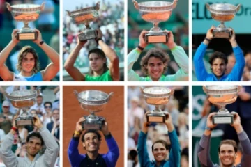 Montage photos des 13 victoires de l'Espagnol Rafael Nadal au tournoi de Roland-Garros à Paris, dont la dernière (à droite), le 11 octobre 2020 