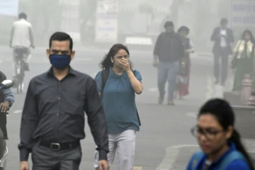 Des passants dans une rue de New Delhi lors d'un épisode de forte pollution, le 8 novembre 2017